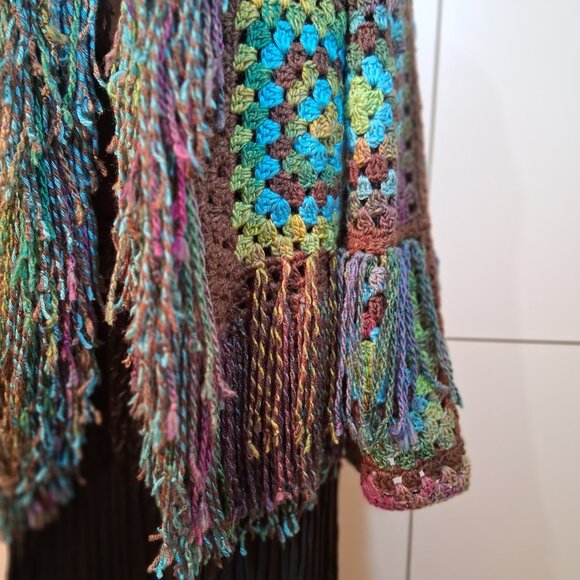 My Fairy Forrest Brown Green Turquoise Granny Square Super Fringe Sweater L/XL - Picture 9 of 16